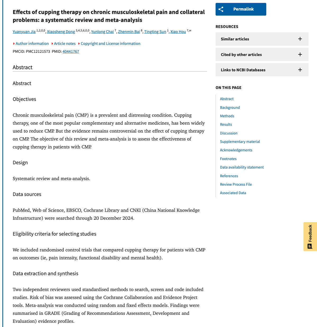 Title and abstract of Effects of cupping therapy on chronic musculoskeletal pain and collateral problems: a systematic review and meta-analysis.