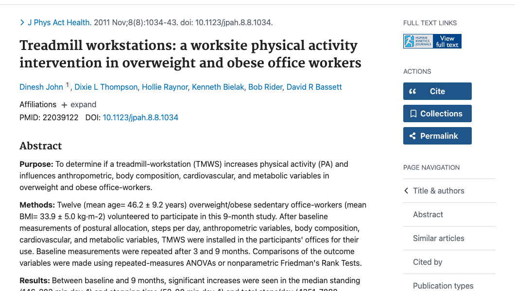 Title and abstract of Treadmill Workstations: A Worksite Physical Activity Intervention