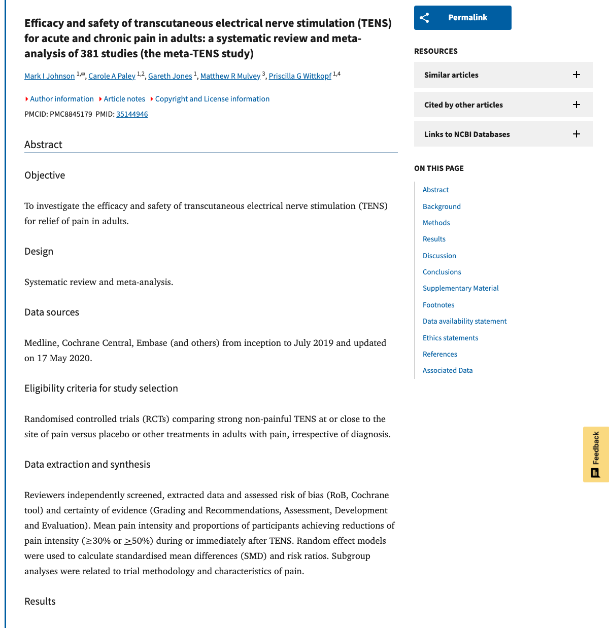 Title and abstract of Efficacy and safety of transcutaneous electrical nerve stimulation (TENS) for acute and chronic pain in adults: a systematic review and meta-analysis of 381 studies (the meta-TENS study).