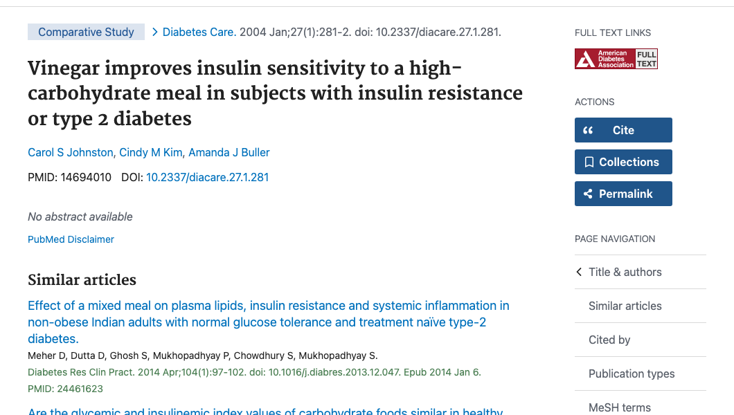 Title and abstract of Vinegar improves insulin sensitivity to a high-carbohydrate meal in subjects with insulin resistance or type 2 diabetes