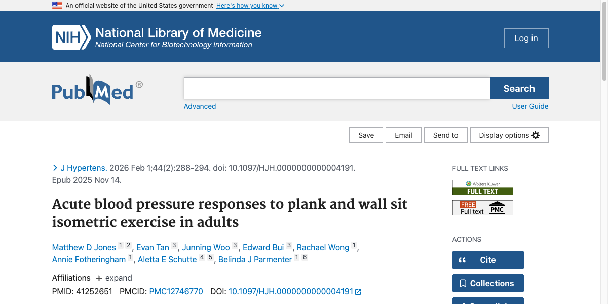 Title and abstract of Acute blood pressure responses to plank and wall sit isometric exercise in adults.