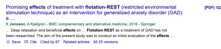 Title and abstract of Flotation-REST: Effects on and side-effects from 50 sessions of treatment