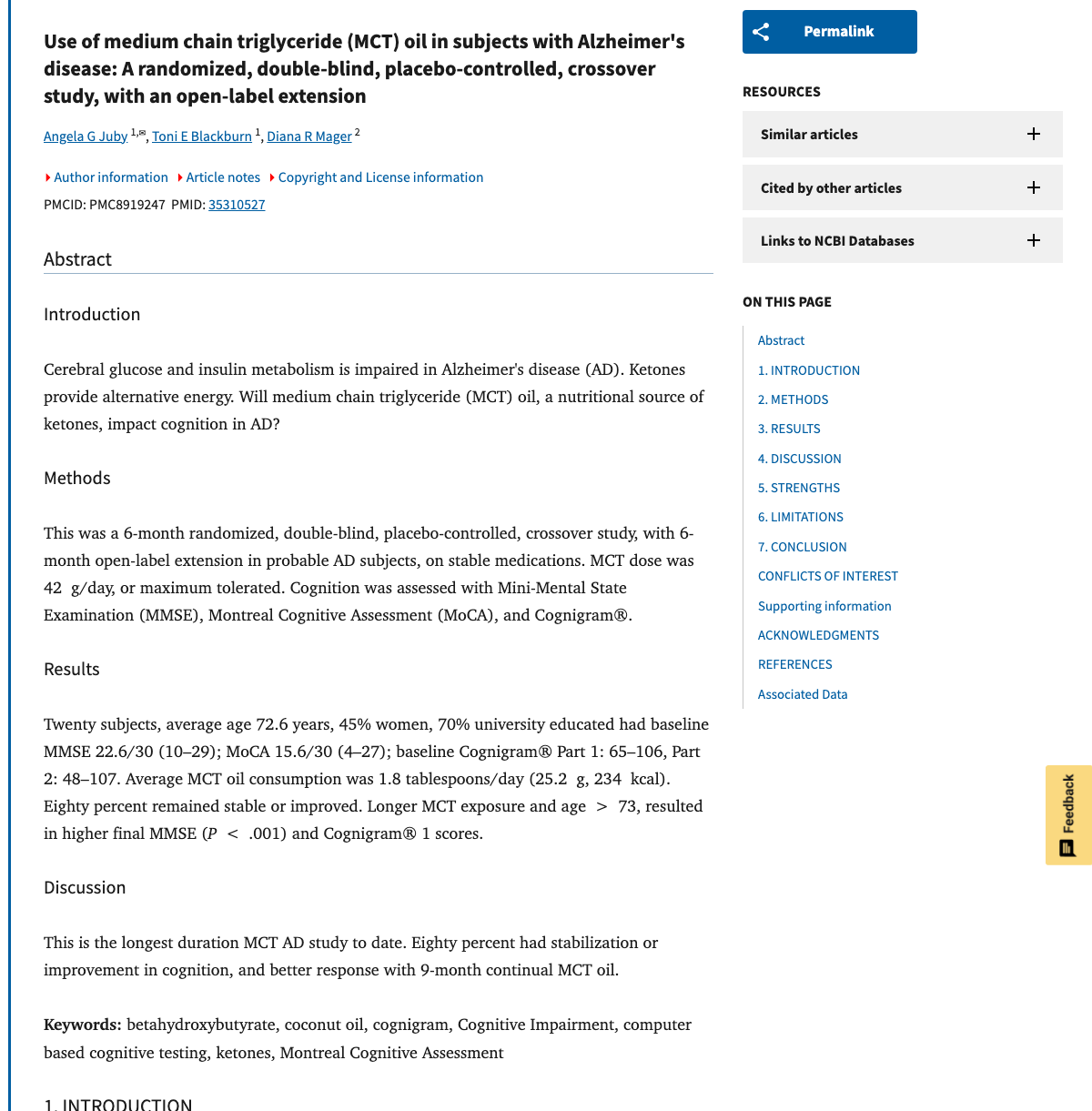 Title and abstract of Use of medium chain triglyceride (MCT) oil in subjects with Alzheimer's disease: A randomized, double-blind, placebo-controlled, crossover study, with an open-label extension