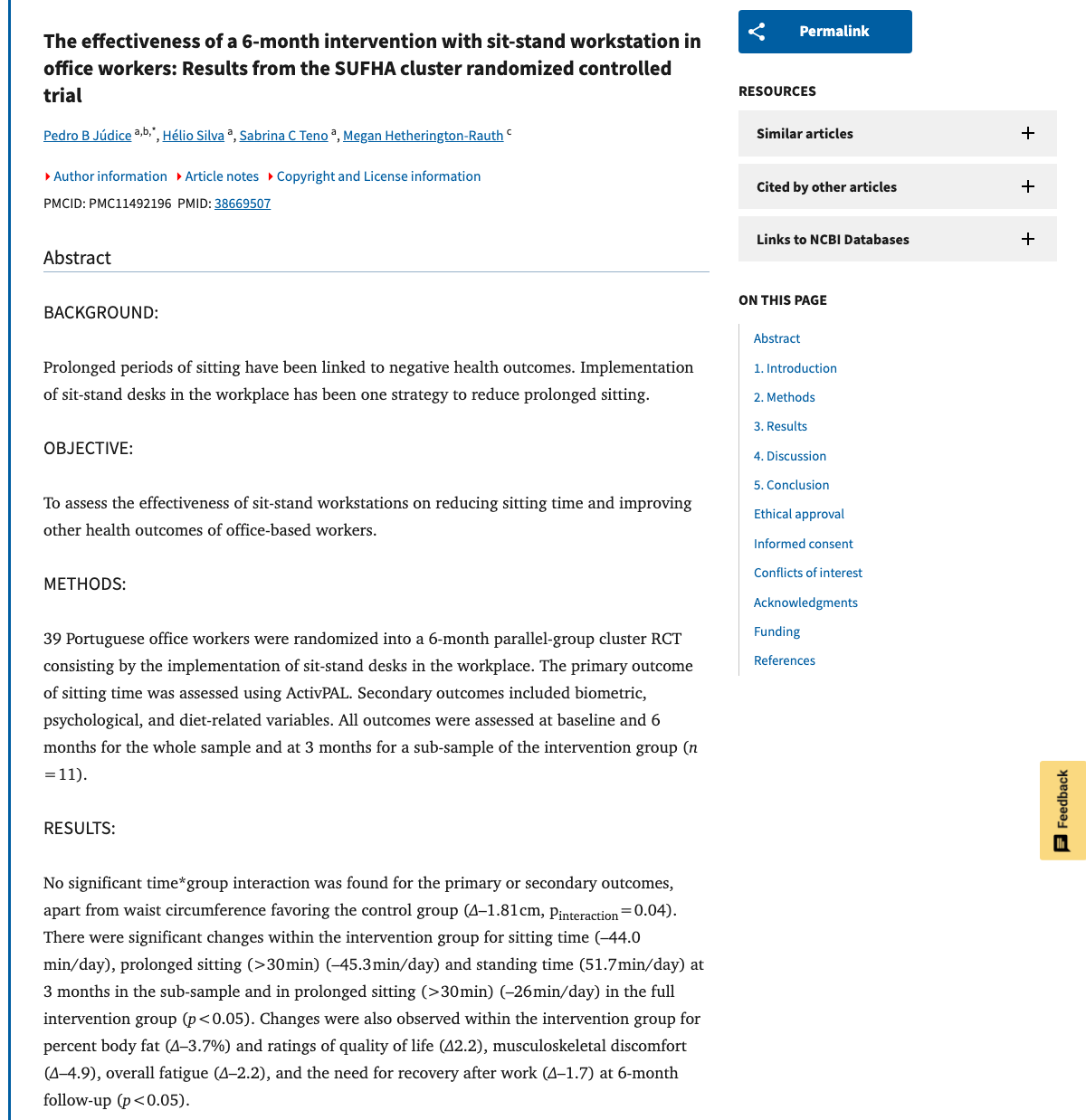 Title and abstract of The effectiveness of a 6-month intervention with sit-stand workstation in office workers: Results from the SUFHA cluster randomized controlled trial.