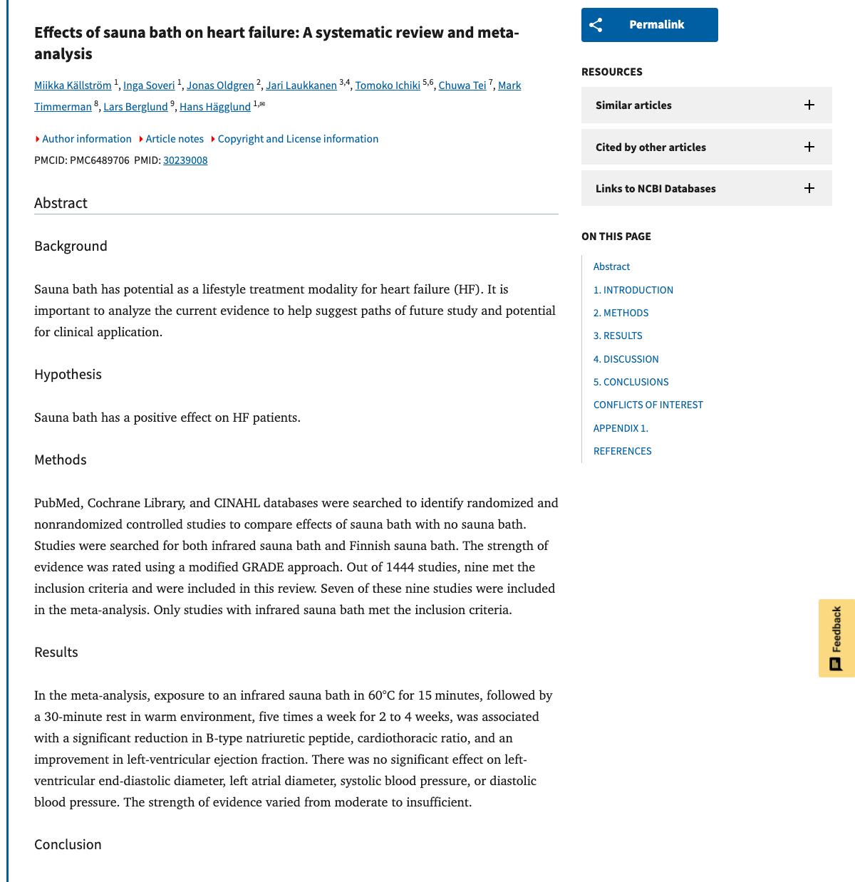 Title and abstract of Effects of sauna bath on heart failure: A systematic review and meta-analysis.