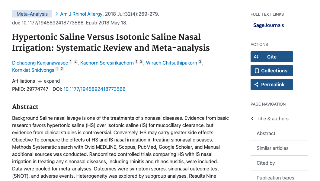 Title and abstract of Hypertonic Saline Versus Isotonic Saline Nasal Irrigation: Systematic Review and Meta-analysis.