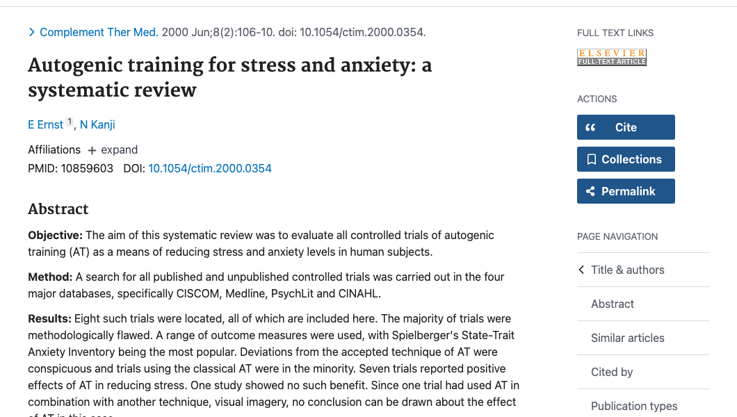 Title and abstract of Autogenic training for stress and anxiety: a systematic review