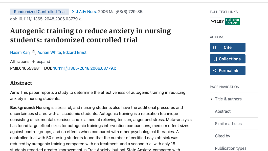 Title and abstract of Autogenic training to reduce anxiety in nursing students: randomized controlled trial.