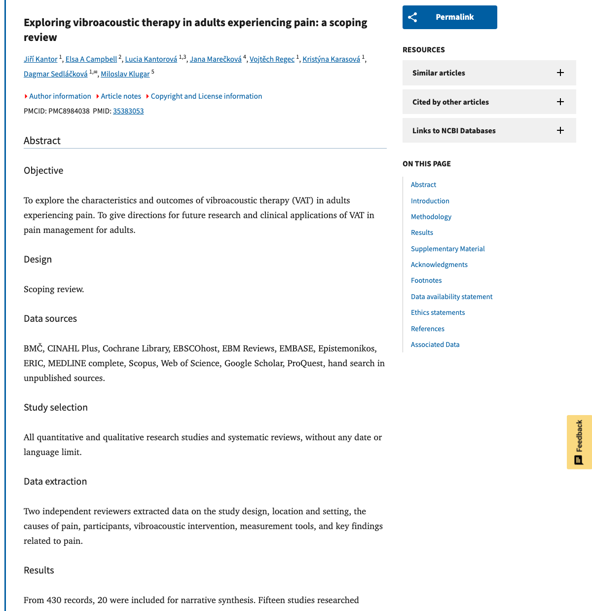 Title and abstract of Exploring vibroacoustic therapy in adults experiencing pain: a scoping review.