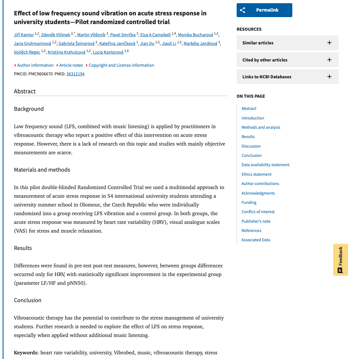 Title and abstract of Effect of low frequency sound vibration on acute stress response in university students-Pilot randomized controlled trial.