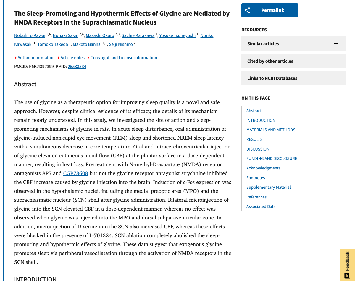 Title and abstract of The sleep-promoting and hypothermic effects of glycine are mediated by NMDA receptors in the suprachiasmatic nucleus