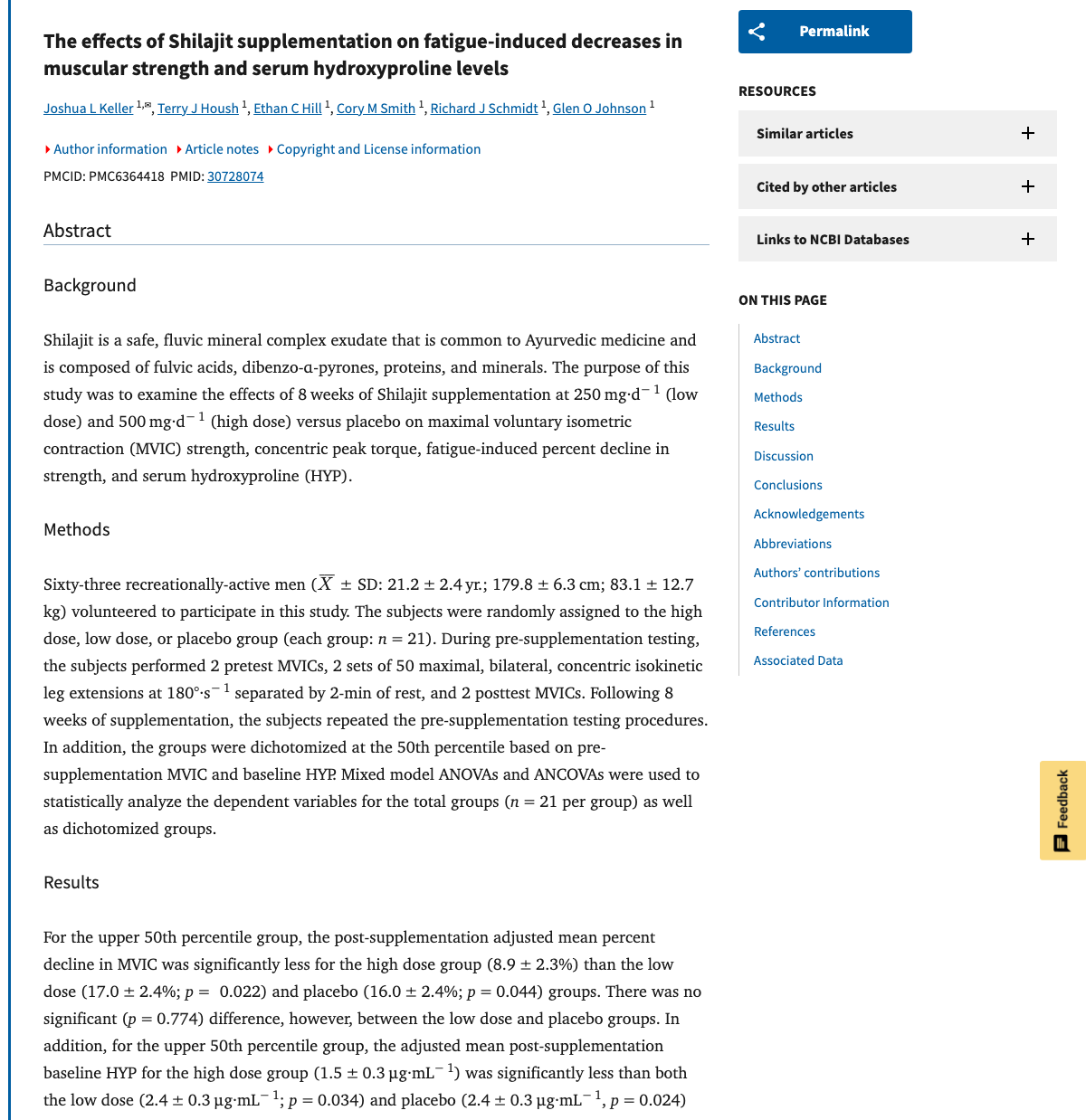 Title and abstract of The effects of Shilajit supplementation on fatigue-induced decreases in muscular strength and serum hydroxyproline levels.