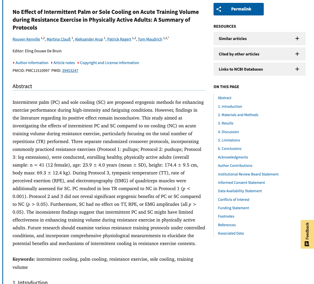 Title and abstract of No Effect of Intermittent Palm or Sole Cooling on Acute Training Volume during Resistance Exercise in Physically Active Adults: A Summary of Protocols.