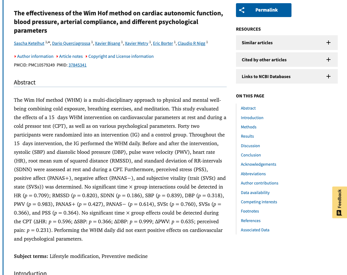 Title and abstract of The effectiveness of the Wim Hof method on cardiac autonomic function, blood pressure, arterial compliance, and different psychological parameters.