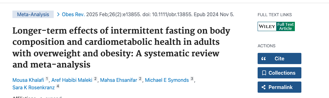 Title and abstract of Longer-term effects of intermittent fasting on body composition and cardiometabolic health in adults with overweight and obesity: A systematic review and meta-analysis.