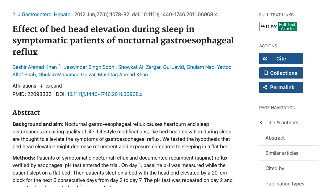 Title and abstract of Effect of bed head elevation during sleep in symptomatic patients of nocturnal gastroesophageal reflux
