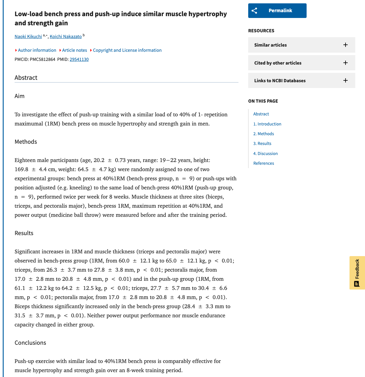 Title and abstract of Low-load bench press and push-up induce similar muscle hypertrophy and strength gain