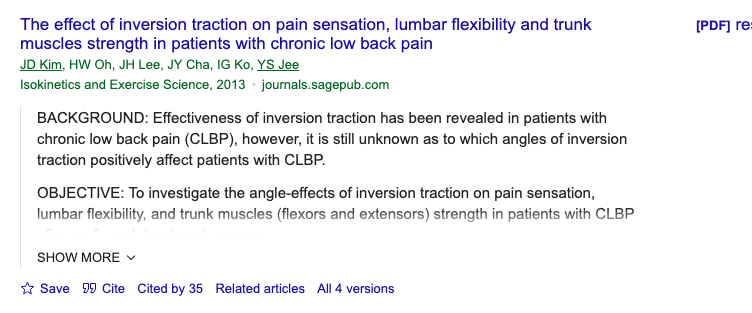 Title and abstract of The effect of inversion traction on pain sensation, lumbar flexibility and trunk muscles strength in patients with chronic low back pain