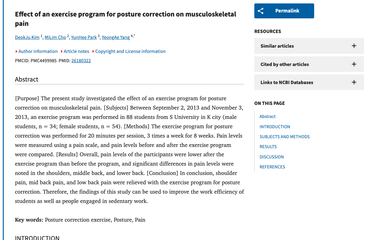 Title and abstract of Effect of an Exercise Program for Posture Correction on Musculoskeletal Pain