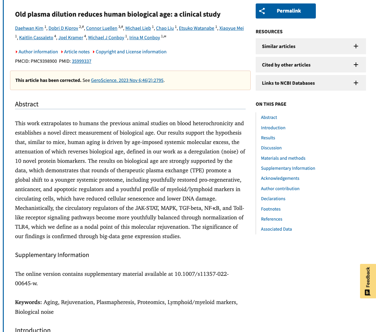 Title and abstract of Old plasma dilution reduces human biological age: a clinical study.