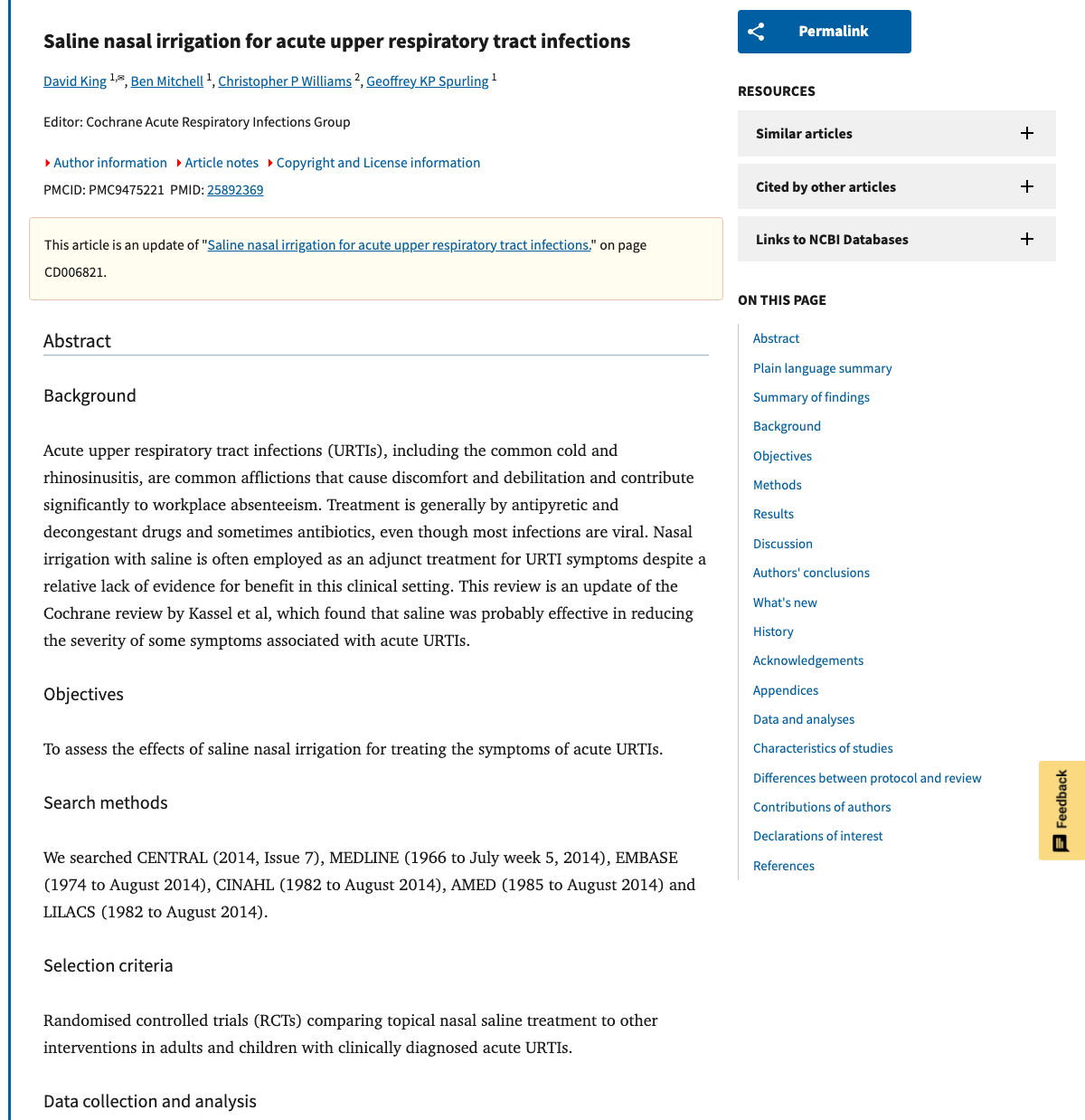 Title and abstract of Saline nasal irrigation for acute upper respiratory tract infections