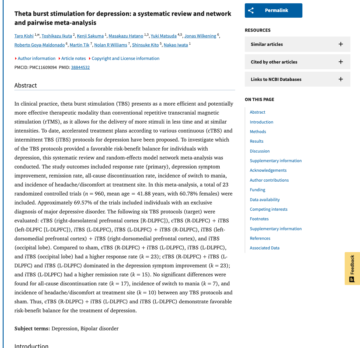 Title and abstract of Theta burst stimulation for depression: a systematic review and network and pairwise meta-analysis.