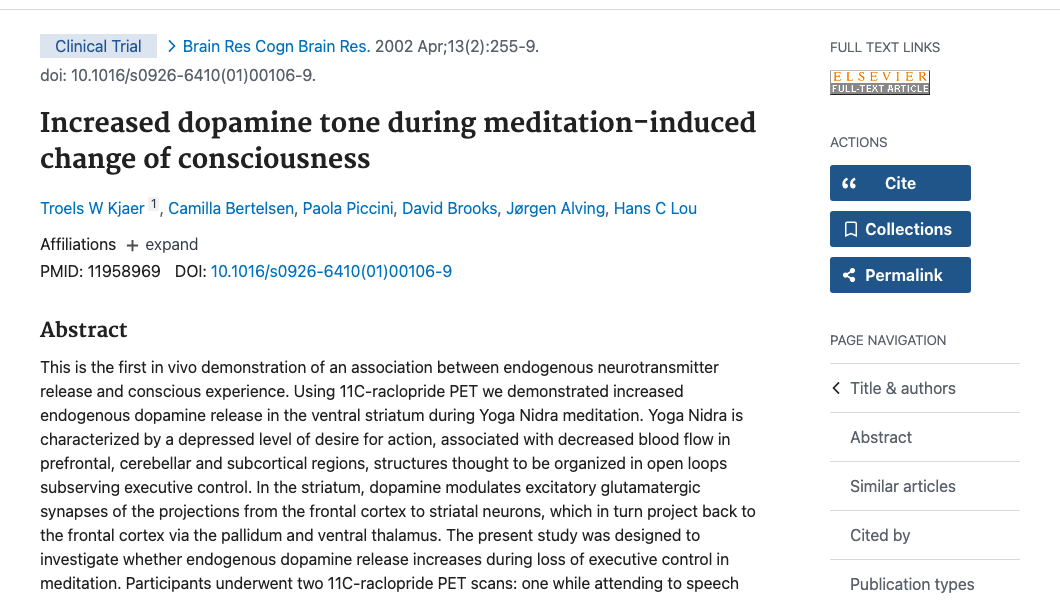 Title and abstract of Increased dopamine tone during meditation-induced change of consciousness