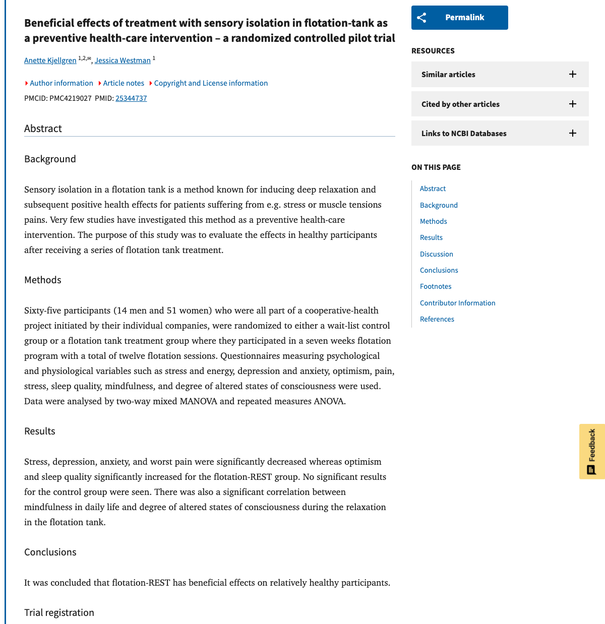 Title and abstract of Beneficial effects of treatment with sensory isolation in flotation-tank as a preventive health-care intervention