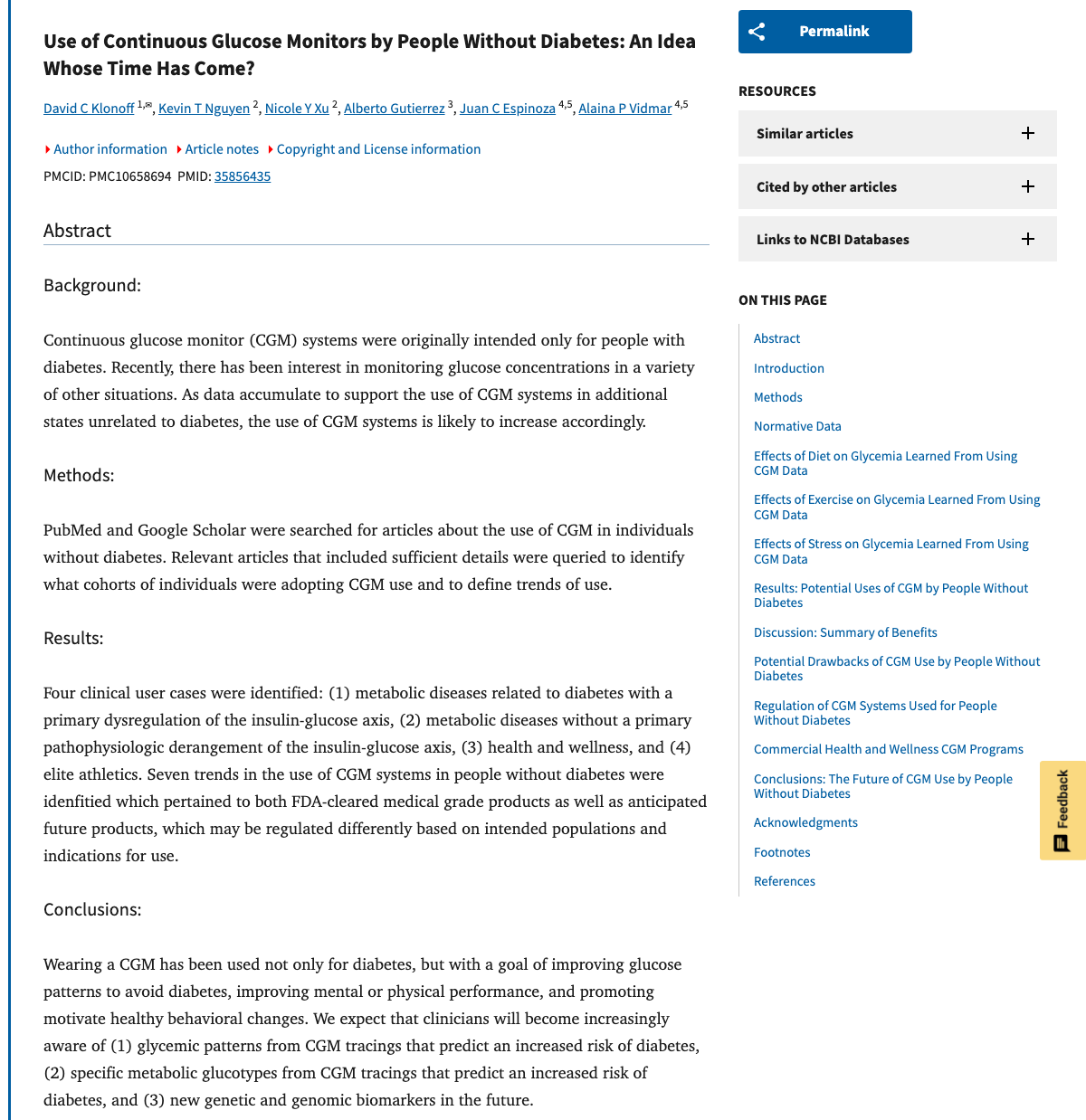 Title and abstract of Use of Continuous Glucose Monitors by People Without Diabetes: An Idea Whose Time Has Come?
