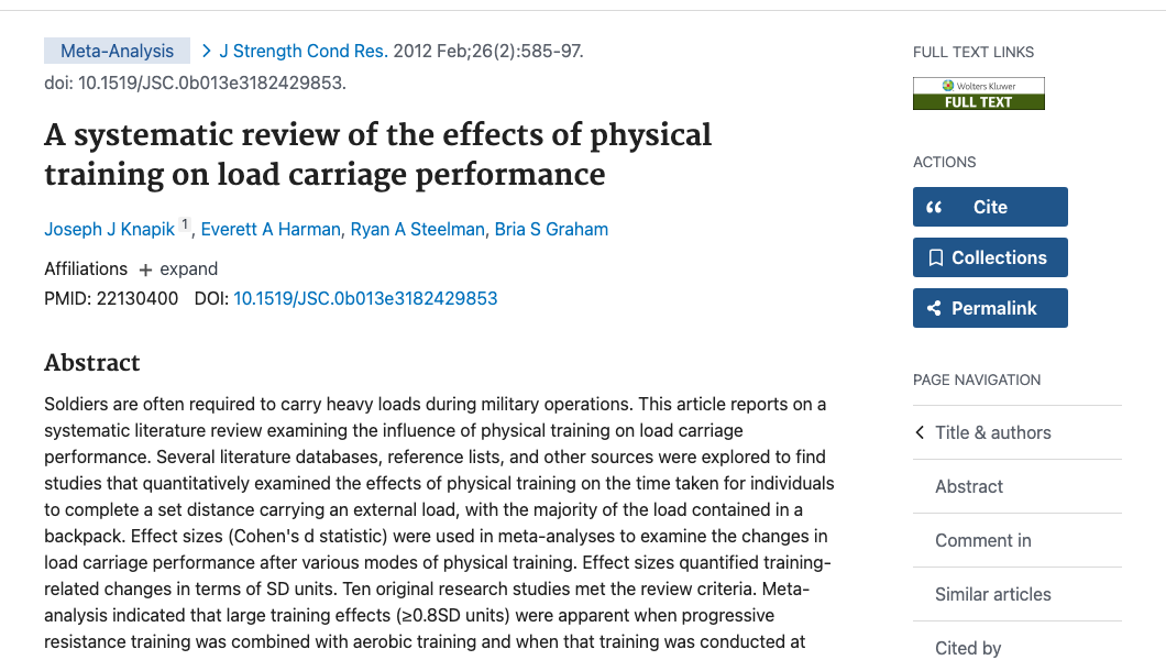 Title and abstract of A systematic review of the effects of physical training on load carriage performance.