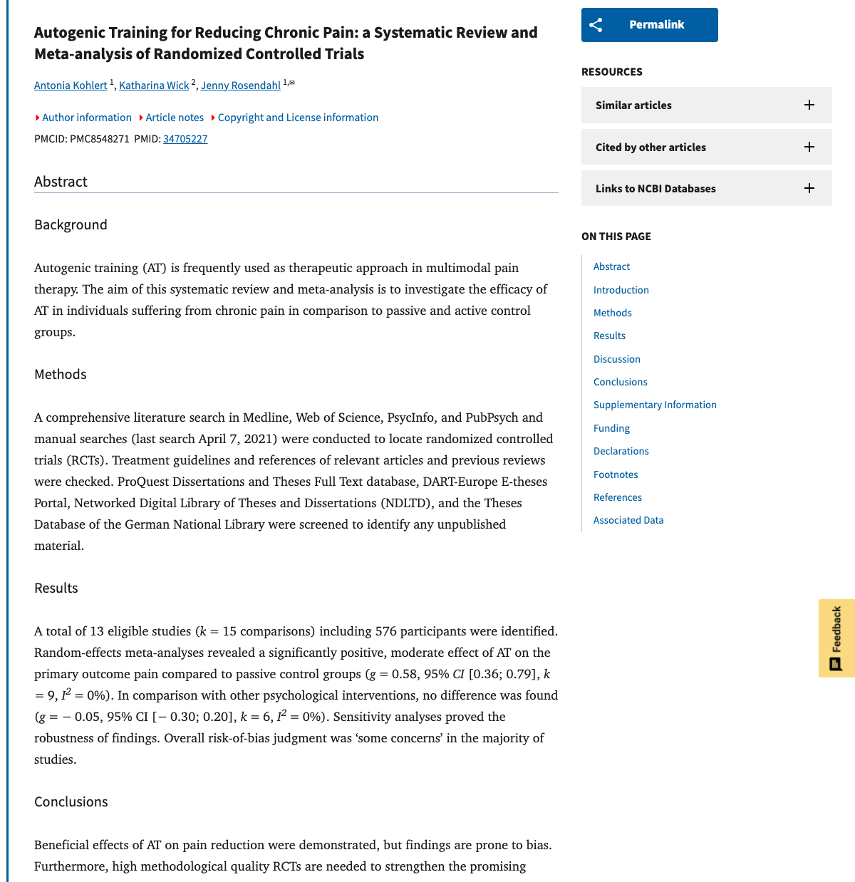 Title and abstract of Autogenic Training for Reducing Chronic Pain: a Systematic Review and Meta-analysis of Randomized Controlled Trials.