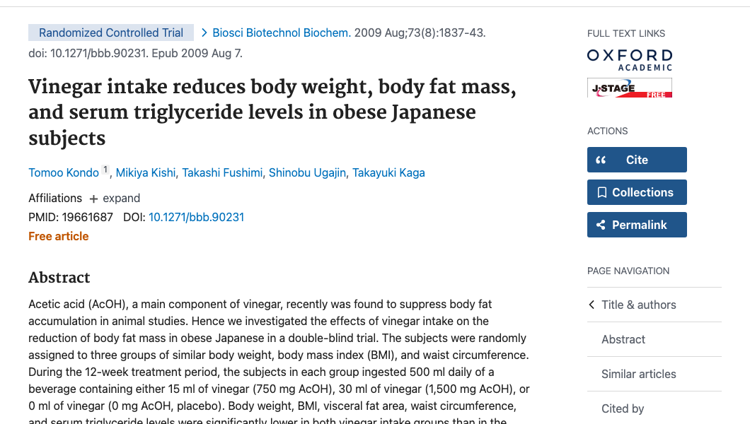 Title and abstract of Vinegar intake reduces body weight, body fat mass, and serum triglyceride levels in obese Japanese subjects