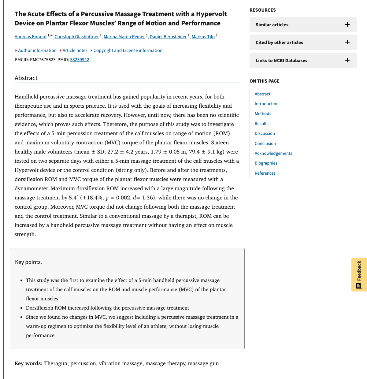 Title and abstract of The Acute Effects of a Percussive Massage Treatment with a Hypervolt Device on Plantar Flexor Muscles' Range of Motion and Performance