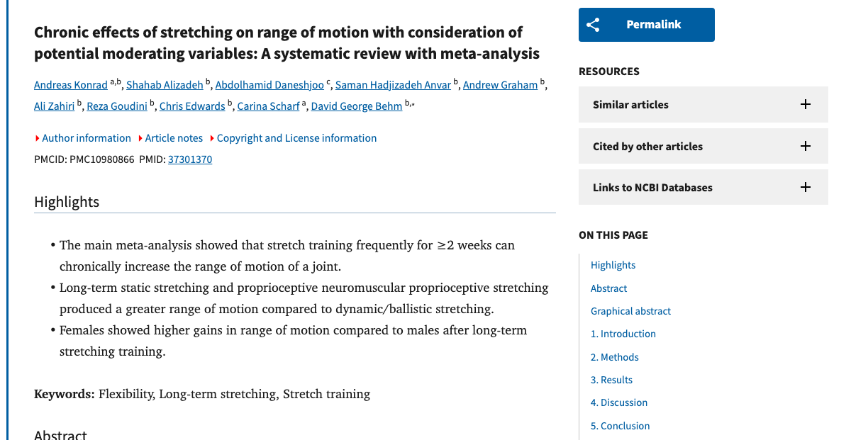 Title and abstract of Chronic effects of stretching on range of motion with consideration of potential moderating variables: A systematic review with meta-analysis.