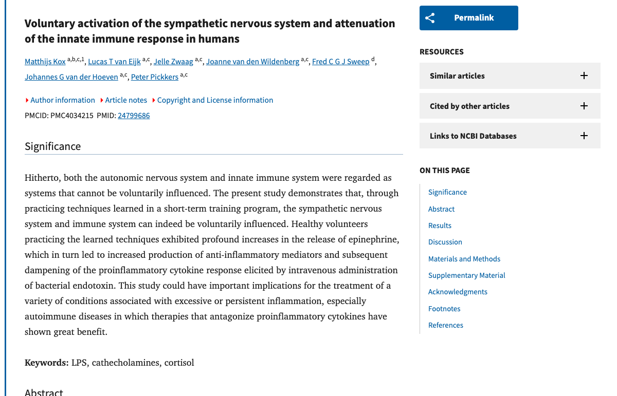 Title and abstract of Voluntary activation of the sympathetic nervous system and attenuation of the innate immune response in humans