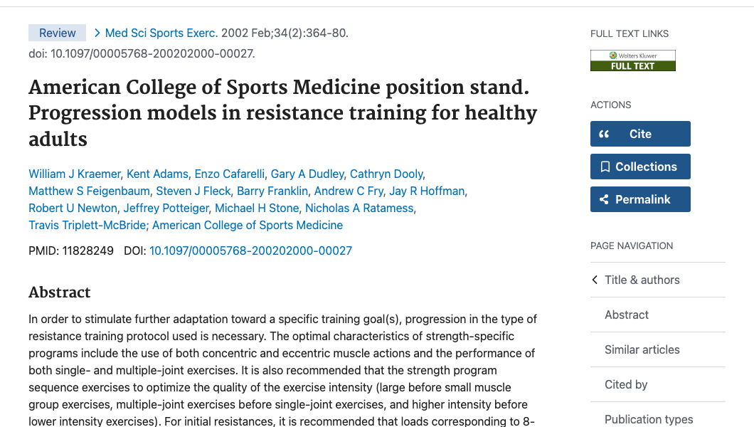 Title and abstract of American College of Sports Medicine position stand. Progression models in resistance training for healthy adults