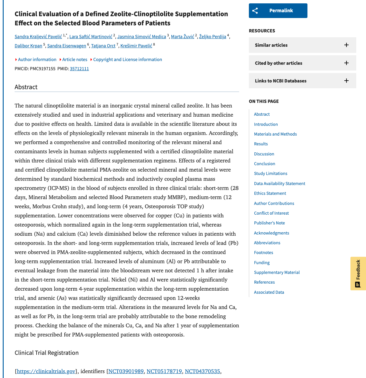 Title and abstract of Clinical Evaluation of a Defined Zeolite-Clinoptilolite Supplementation Effect on the Selected Blood Parameters of Patients.