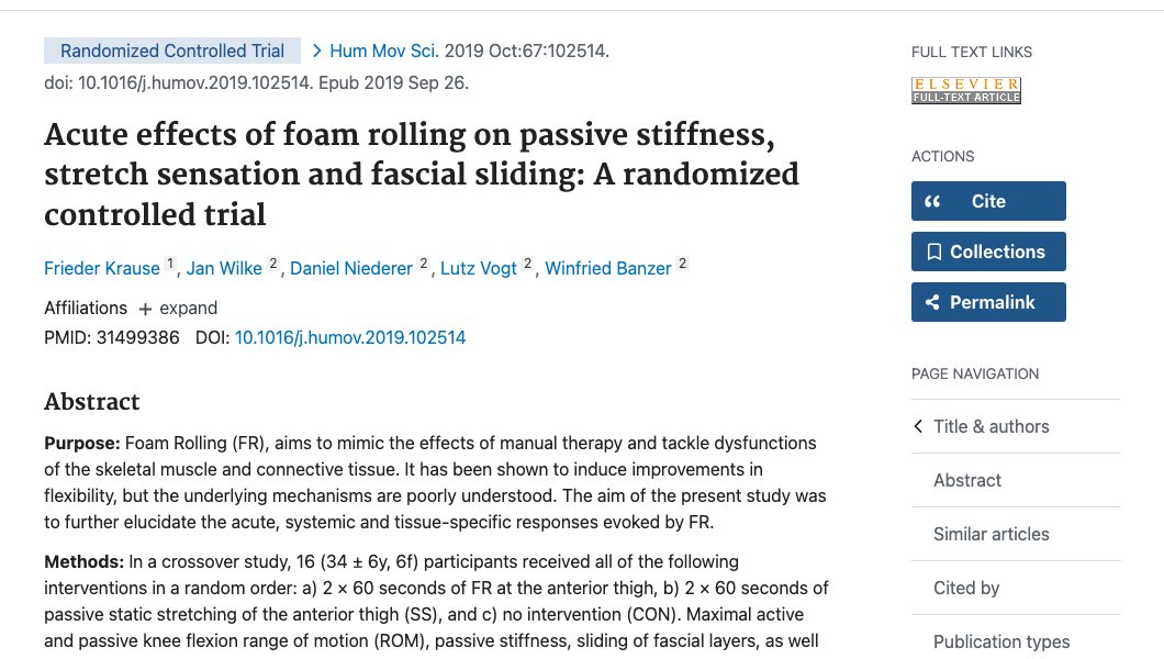 Title and abstract of Acute effects of foam rolling on passive stiffness, stretch sensation and fascial sliding: A randomized controlled trial