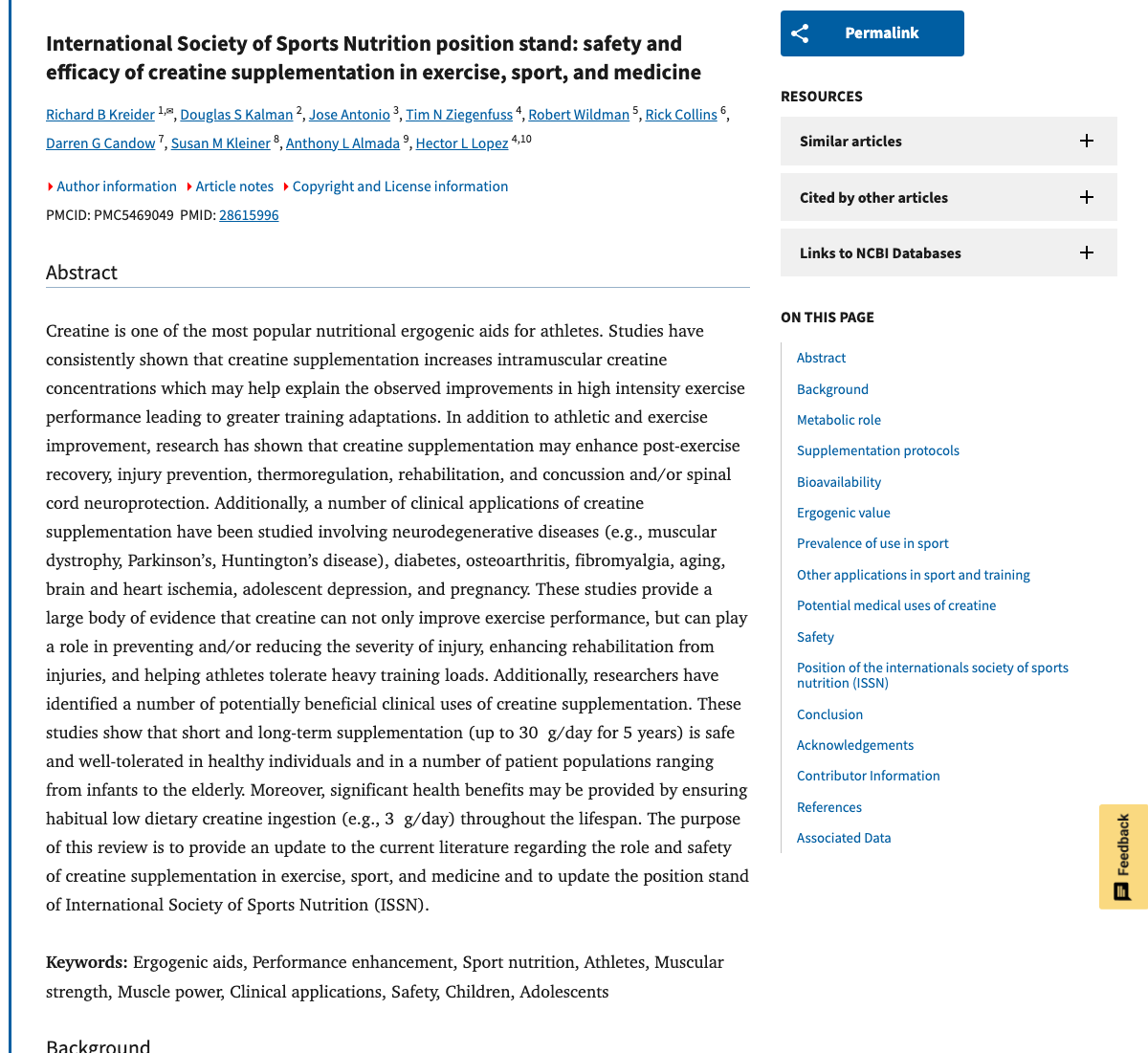 Title and abstract of International Society of Sports Nutrition position stand: safety and efficacy of creatine supplementation