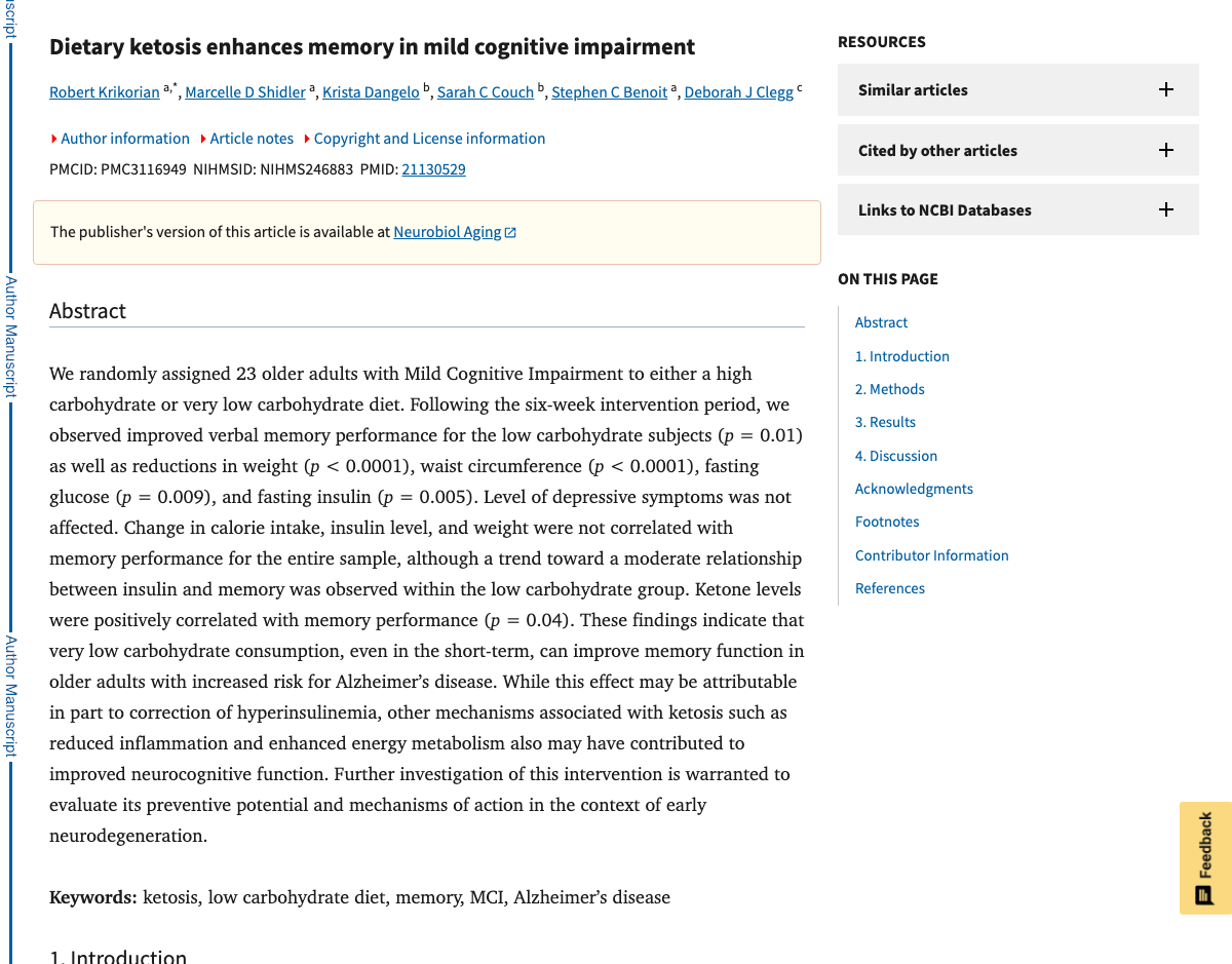 Title and abstract of Dietary Ketosis Enhances Memory in Mild Cognitive Impairment