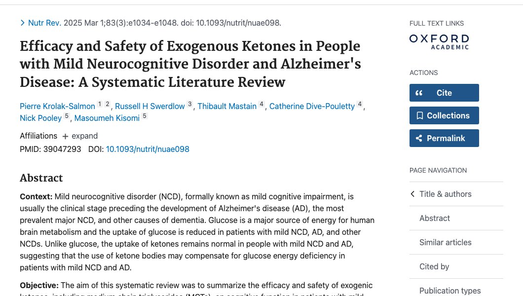 Title and abstract of Efficacy and Safety of Exogenous Ketones in People with Mild Neurocognitive Disorder and Alzheimer's Disease