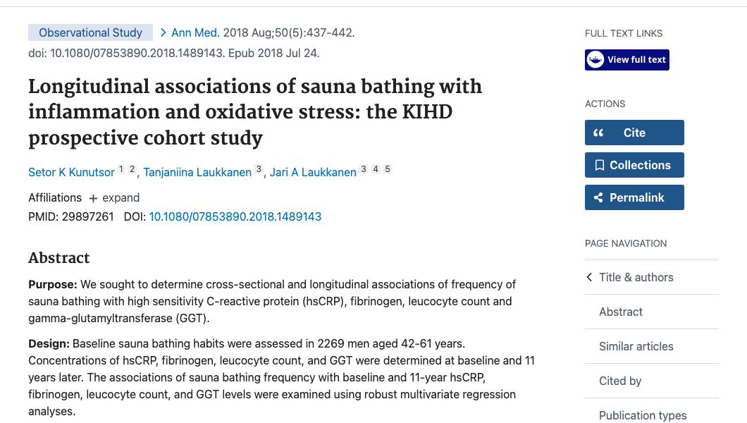 Title and abstract of Longitudinal associations of sauna bathing with inflammation and oxidative stress: the KIHD prospective cohort study.