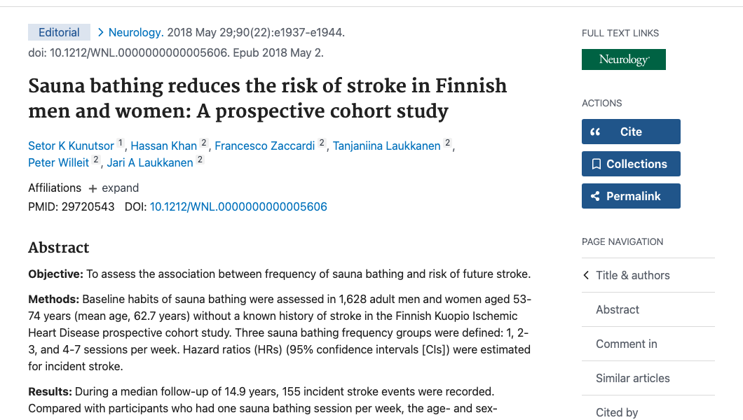 Title and abstract of Sauna bathing reduces the risk of stroke in Finnish men and women