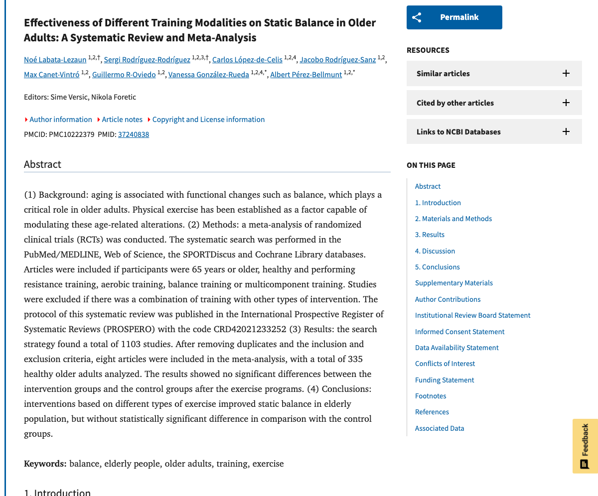 Title and abstract of Effectiveness of Different Training Modalities on Static Balance in Older Adults: A Systematic Review and Meta-Analysis.