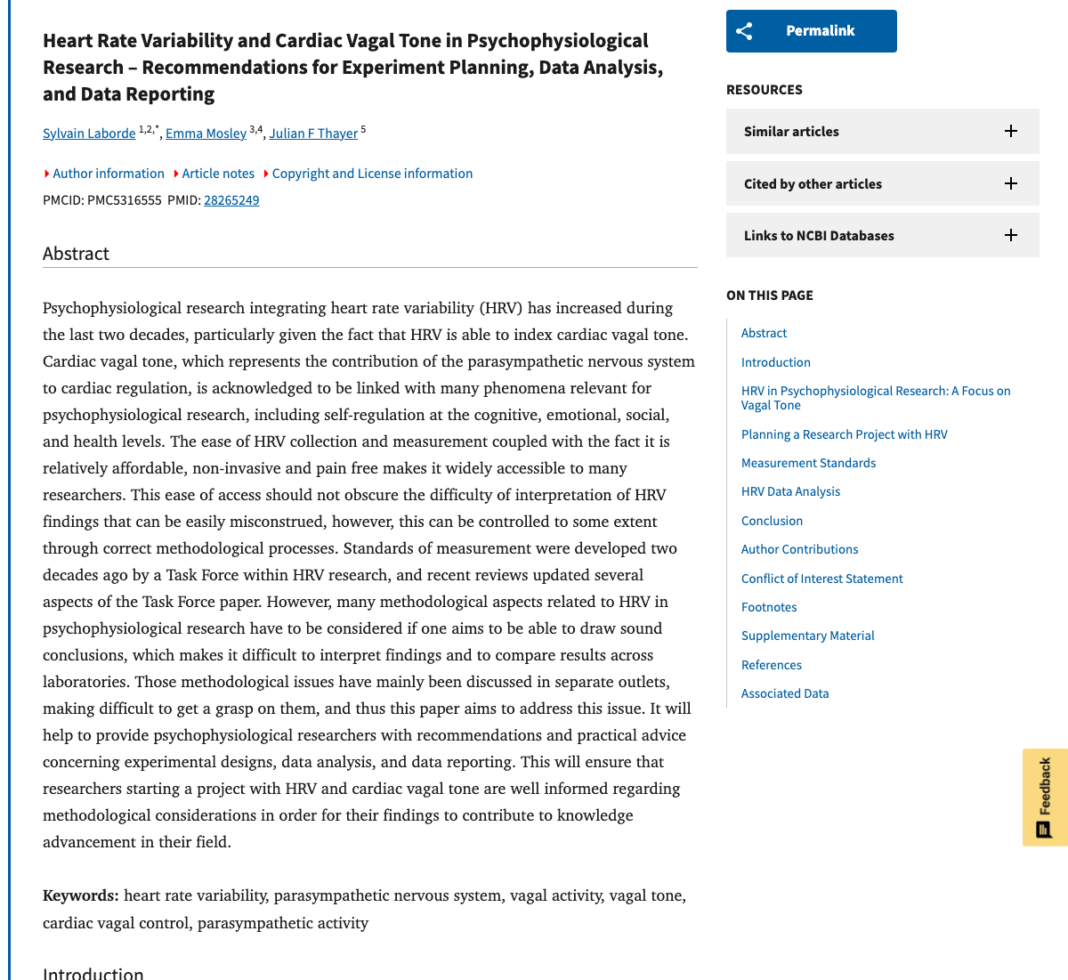 Title and abstract of Heart Rate Variability and Cardiac Vagal Tone in Psychophysiological Research - Recommendations for Experiment Planning, Data Analysis, and Data Reporting