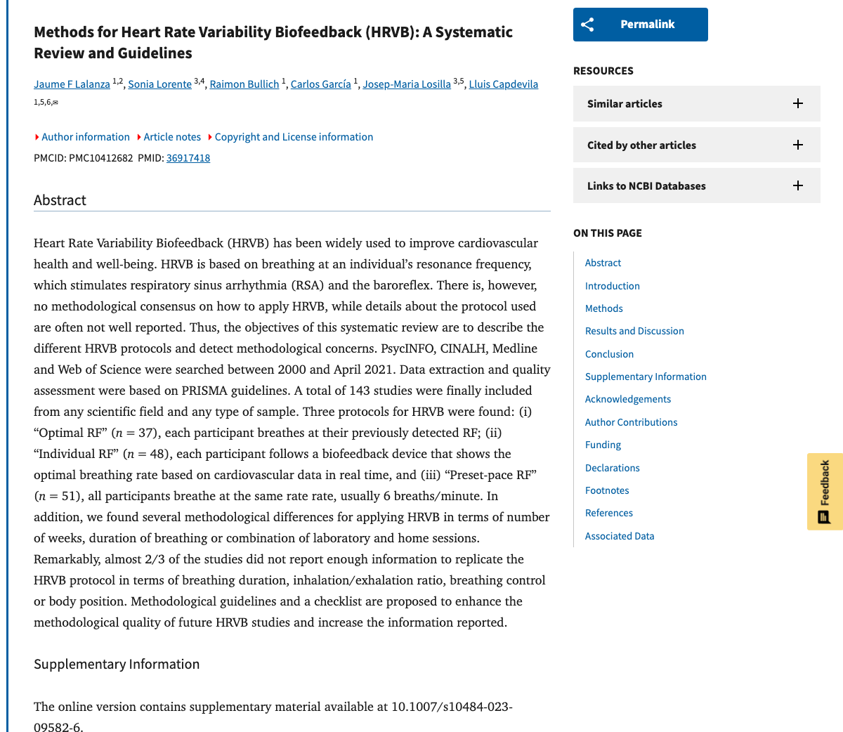Title and abstract of Methods for Heart Rate Variability Biofeedback (HRVB): A Systematic Review and Guidelines.
