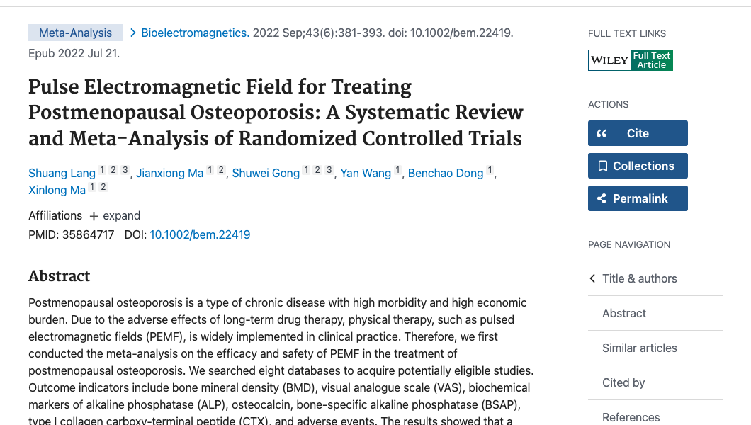 Title and abstract of Pulse Electromagnetic Field for Treating Postmenopausal Osteoporosis: A Systematic Review and Meta-Analysis of Randomized Controlled Trials.
