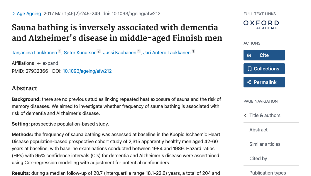 Title and abstract of Sauna bathing is inversely associated with dementia and Alzheimer's disease in middle-aged Finnish men