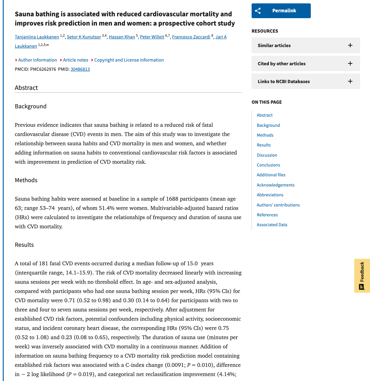 Title and abstract of Sauna bathing is associated with reduced cardiovascular mortality and improves risk prediction in men and women