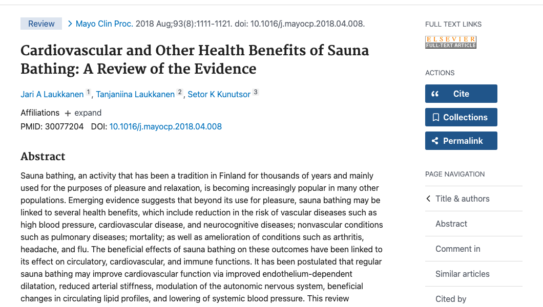 Title and abstract of Cardiovascular and Other Health Benefits of Sauna Bathing: A Review of the Evidence.